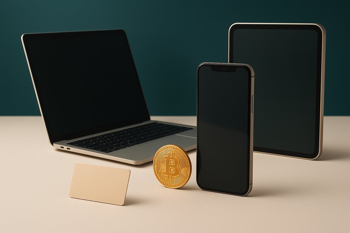 Apple devices including a laptop, smartphone, and tablet with a Bitcoin coin and credit card symbolizing crypto purchases.