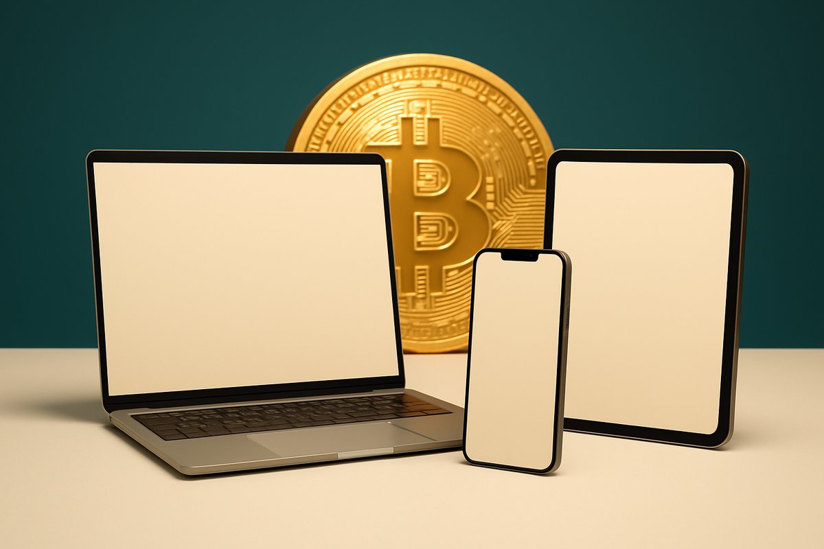 Refurbished Apple devices including iPhone, MacBook, iPad, and AirPods with a glowing Bitcoin symbol in the background.