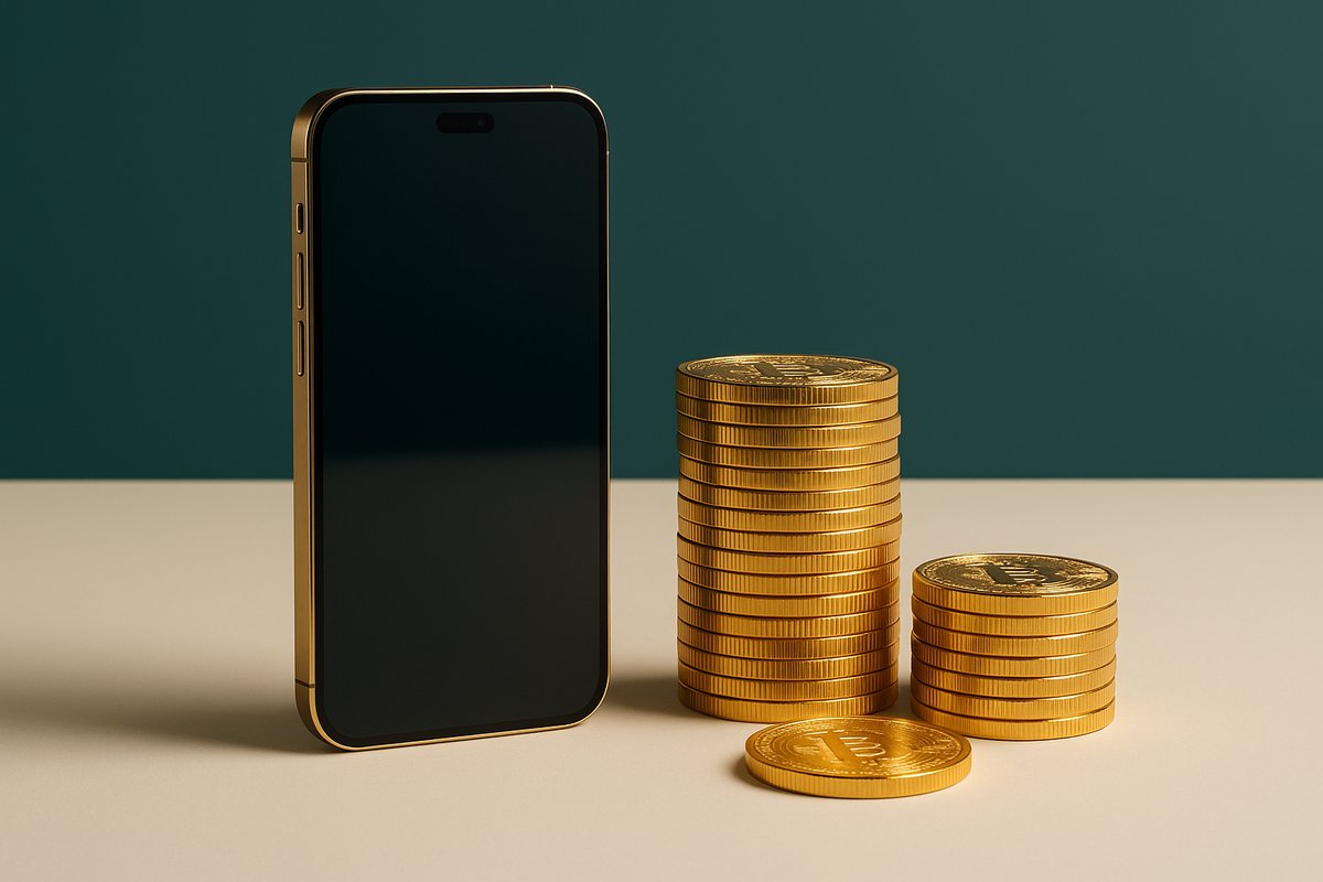 Illustration of Apple Pay on a phone with various cryptocurrency coins and stacked coins in the background.