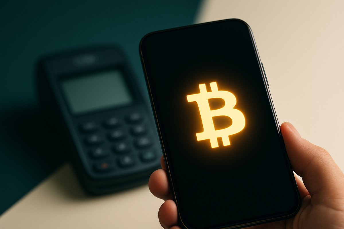 Apple Pay logo with an iPhone screen showing a Bitcoin symbol, hinting at potential crypto support integration.